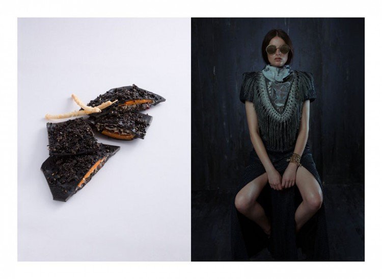 Sweet potato, black fungi, black seaweed and ricotta-filled squid ink ravioli topped with fried basil seeds and black sesame seeds, garnished with parmesan crisp inspired by Kathryn Beker. Gown by Kathryn Beker, scarf by Swash London, sunglasses by Cutler and Gross, cuff by Yunus & Eliza, all accessories from Christine.